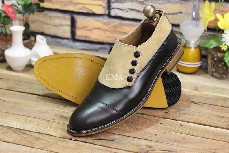 Edwardian Men’s Fashion & Clothing 1900-1910s     Handmade Mens Two Tone Leather Suede Cap Toe Button Boot Men Formal Stylish Black Beige Leather Shoes $89.99 AT vintagedancer.com