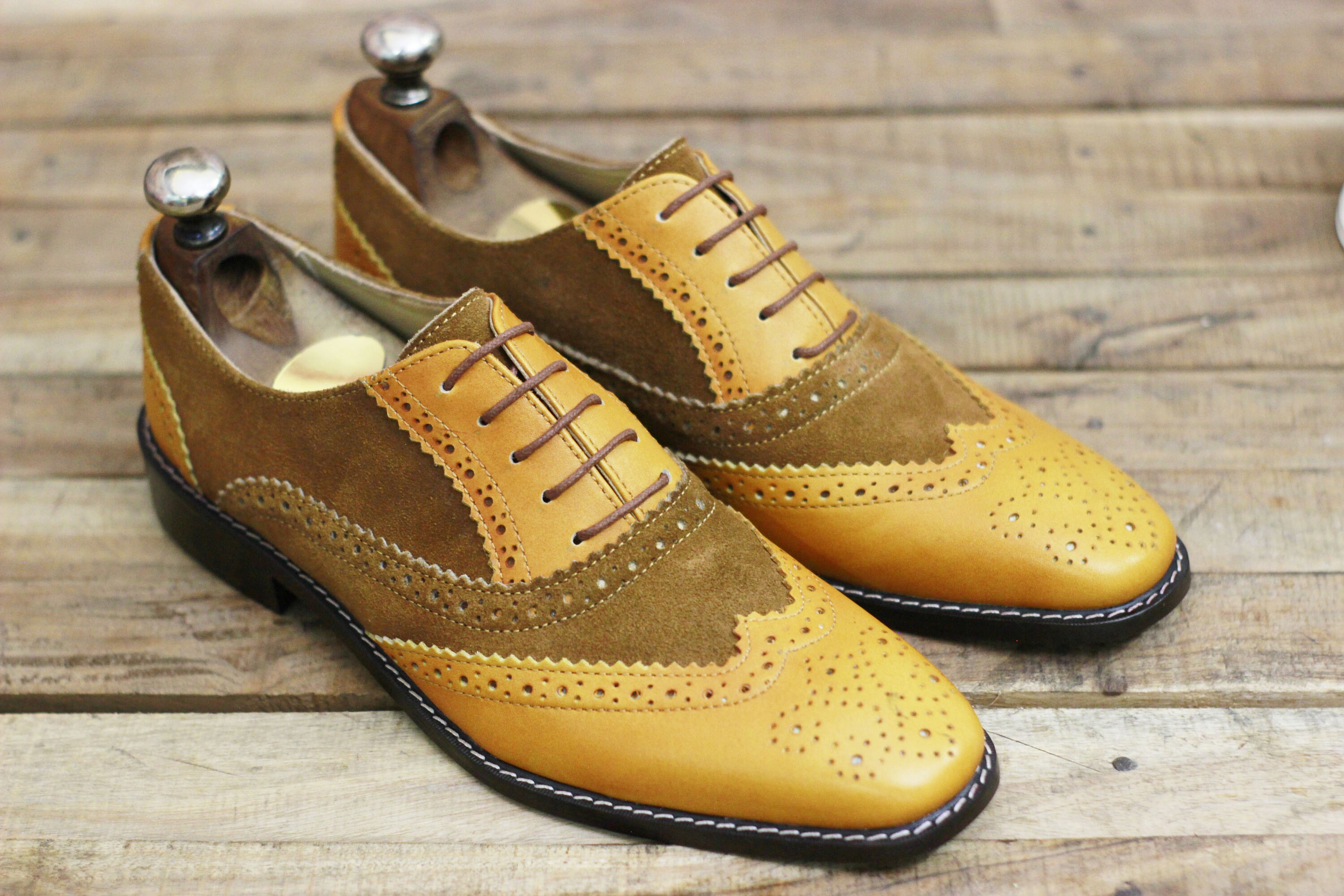 Handmade Tan Brown Leather suede wingtip shoes Men causal | Etsy