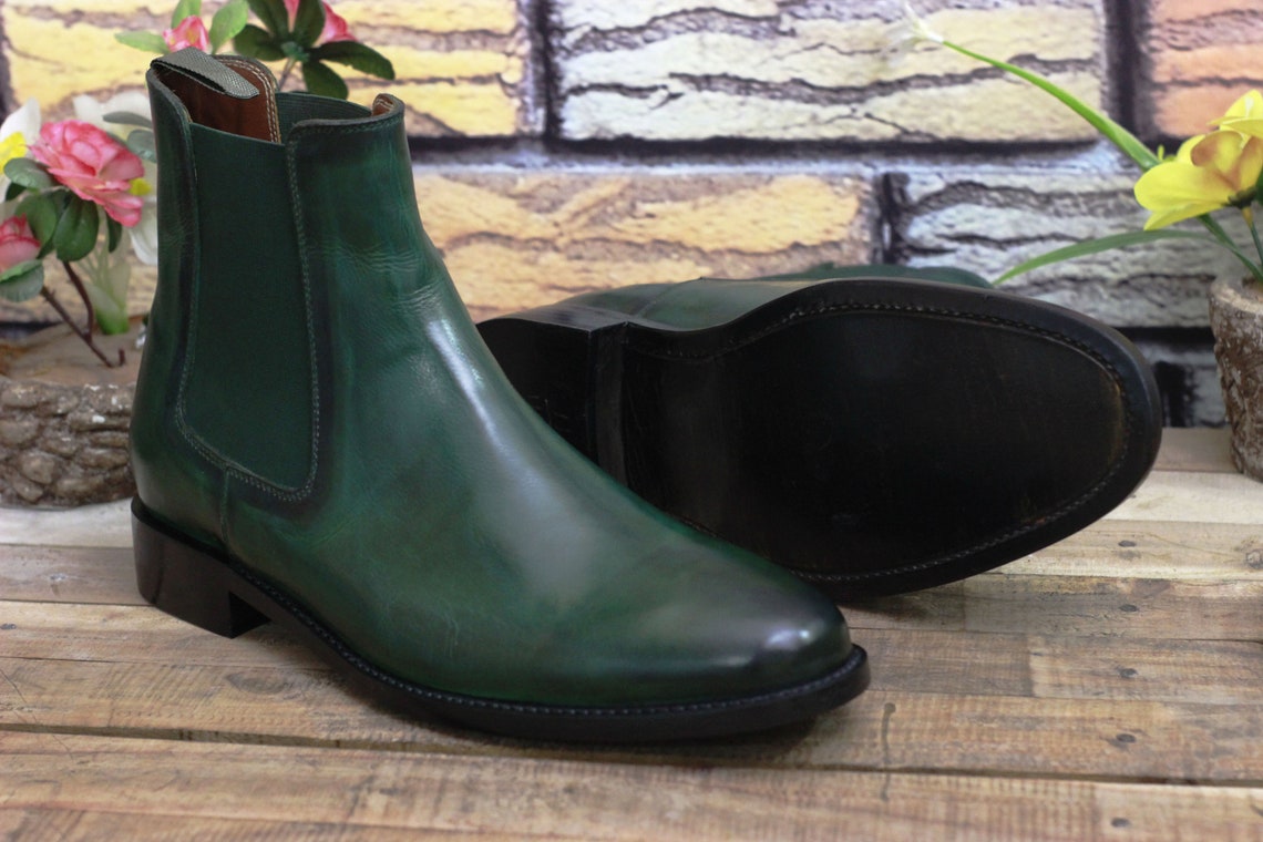 Handmade Leather Men Chelsea Green Ankle High Boot Men Etsy