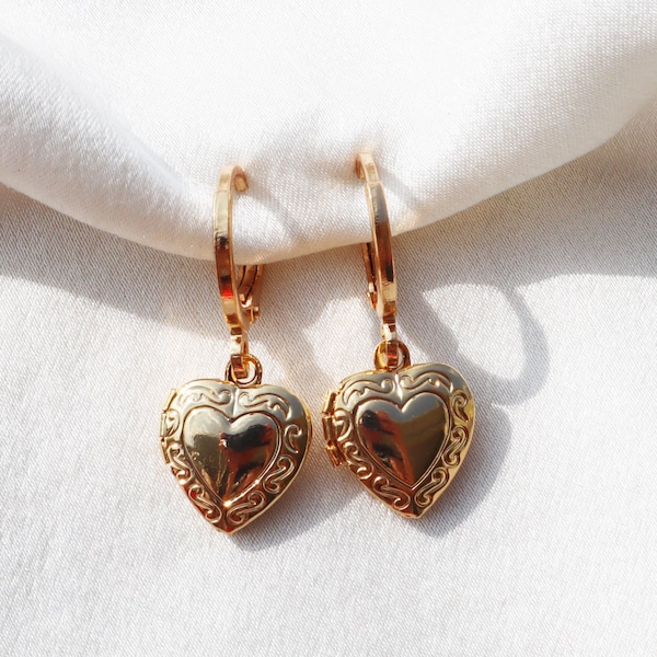 14K Gold Plated "Nostalgia" Heart Locket Huggie Earrings