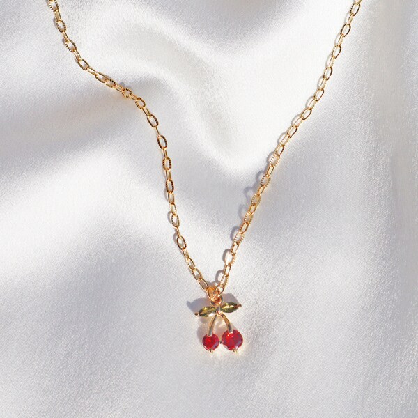 14K Gold Plated "Cherry on Top" Cherry Fruit Charm Necklace