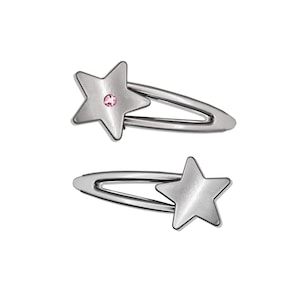 May include: Two silver star-shaped hair clips. One clip has a pink rhinestone in the center of the star.
