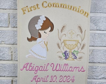 Holy Communion Banner, personalized First communion sign, Embroidered communion hanging banner, custom communion keepsake gift