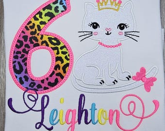 Cat theme birthday, kitten themed birthday, princess birthday shirt, Cat Birthday Shirt, rainbow leopard print