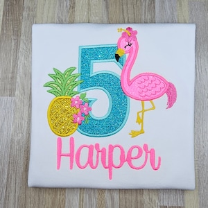 Flamingo birthday shirt, girls embroidered birthday shirt, personalized birthday shirt, tropical theme birthday, jungle theme birthday,