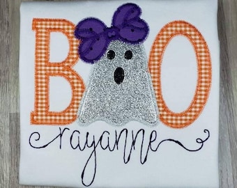 Girls Halloween shirt/ Boo ghost shirt/ Girl ghost shirt/ Cute Halloween shirt/ Embroidered Halloween shirt with name/ Applique Halloween