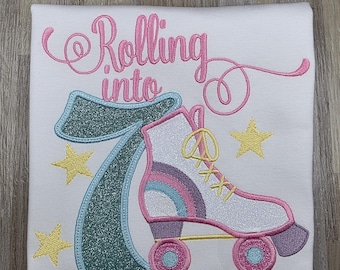ANY AGE!! Roller skate embroidered birthday shirt, skater party birthday shirt, pastel glitter girls birthday shirt, roller skating shirt