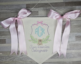 Embroidered Baby banner, personalized monogram birth announcement, nursery decor, baby shower gift, keepsake