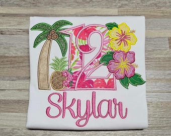 Personalized Tropical Birthday Shirt, Embroidered Hibiscus Pineapple, Hawaiian Girls Outfit