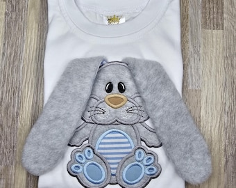 Boys Easter shirt, personalized floppy ear bunny 3d easter outfit, custom embroidered applique easter bunny name shirt