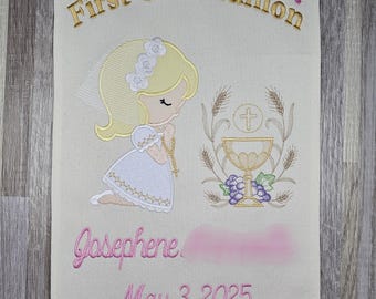 Holy Communion Banner, personalized First communion sign, Embroidered communion hanging banner, custom communion keepsake gift