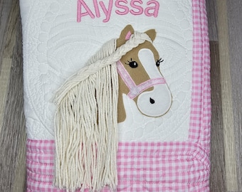 Embroidered horse baby blanket, Quilted 3D Horse hair made with yarn, baby blanket, nursery decor, baby shower gift, personalized blanket