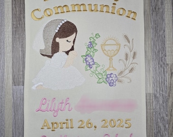Holy Communion Banner, personalized First communion sign, Embroidered communion hanging banner, custom communion keepsake gift