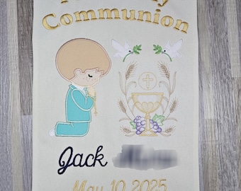 Holy Communion Banner, personalized First communion sign, Embroidered communion hanging banner, custom communion keepsake gift