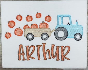 Embroidered fall shirt, boys pumpkin shirt, tractor pumpkin shirt, Halloween shirt, Thanksgiving shirt