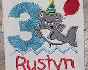 ANY AGE! Boys shark theme embroidered birthday shirt, personalized birthday shirt, beach birthday shirt, monogram outfit, shark party