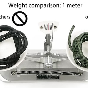 May include: A mechanical balance scale comparing the weight of two 1-meter lengths of cord. A black cord is on the left under a no symbol, and a green cord is on the right under a checkmark. The text reads Weight comparison: 1 meter, others, and ours.