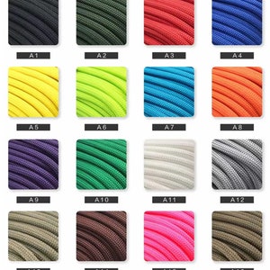 May include: A grid of sixteen square swatches displaying various colors of braided nylon cord. Each swatch is labeled with a code from A1 to A16, showcasing a range of solid colors including black, olive, red, blue, yellow, lime, teal, orange, purple, green, white, gray, tan, brown, pink, and khaki.