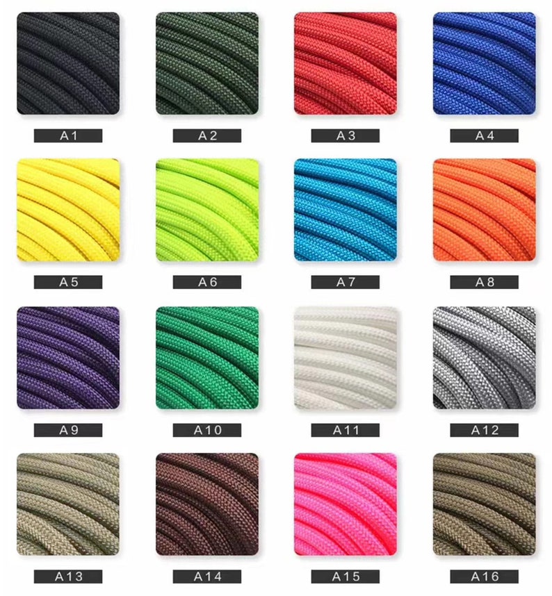 May include: A grid of sixteen square swatches displaying various colors of braided nylon cord. Each swatch is labeled with a code from A1 to A16, showcasing a range of solid colors including black, olive, red, blue, yellow, lime, teal, orange, purple, green, white, gray, tan, brown, pink, and khaki.
