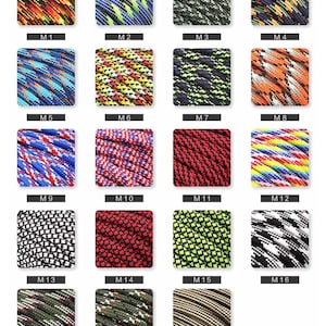May include: A collection of nineteen swatches of braided paracord arranged in a grid, each labeled with codes from M1 to T2. The cords feature various multi-colored geometric patterns, including camouflage, solid, and striped designs in vibrant hues.