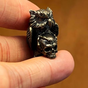 Puede incluir: Una figura de b&uacute;ho de color bronce posada sobre una calavera. El b&uacute;ho tiene plumas detalladas y ojos grandes y redondos. La calavera tiene dientes y cuencas de los ojos visibles. La figura se sostiene entre los dedos, lo que sugiere su peque&ntilde;o tama&ntilde;o.