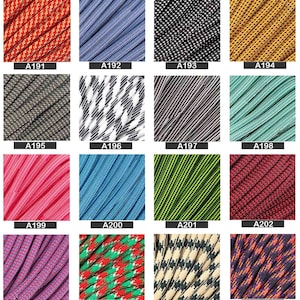 May include: A grid of thirty-two samples of woven paracord in various colors and patterns, each labeled with a code from A183 to A214. The cords feature solid, striped, and houndstooth designs in shades of black, green, blue, red, and tan.