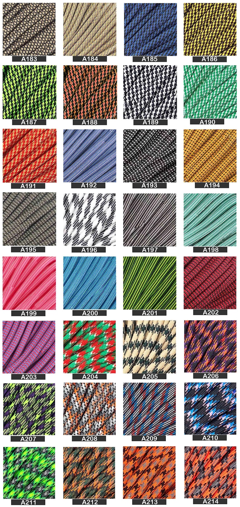May include: A grid of thirty-two samples of woven paracord in various colors and patterns, each labeled with a code from A183 to A214. The cords feature solid, striped, and houndstooth designs in shades of black, green, blue, red, and tan.