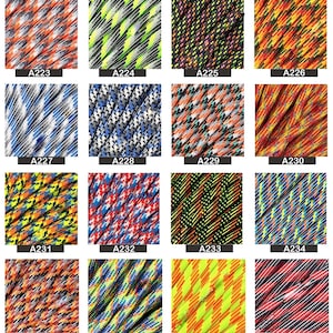 May include: A collection of thirty-two swatches of woven paracord, each labeled with a unique code from A215 to A246. The cords feature various multi-colored geometric, camouflage, and speckled patterns in vibrant hues including neon green, red, blue, orange, and black.