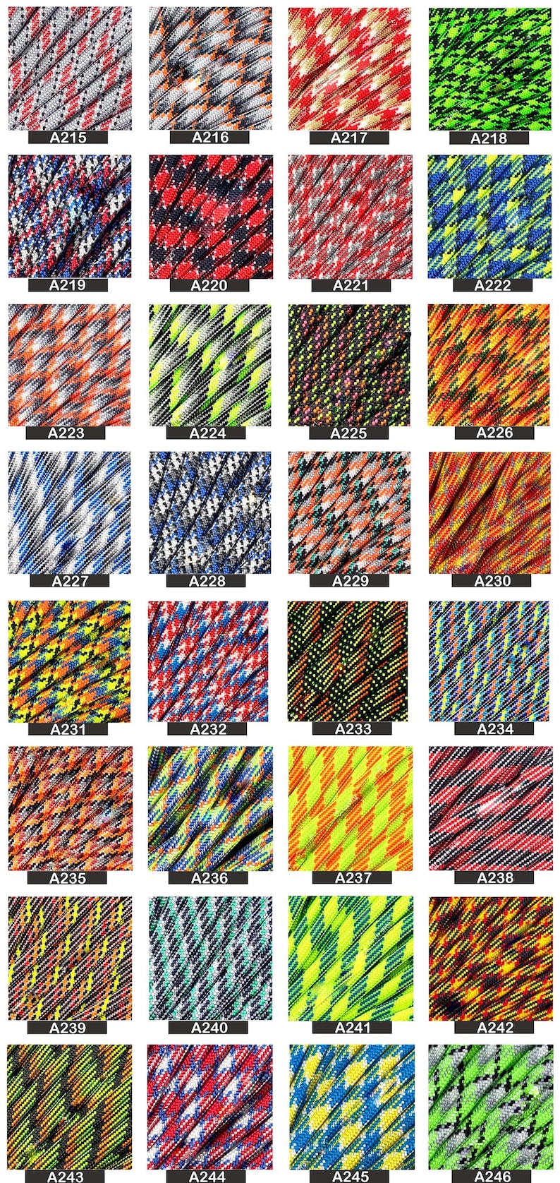 May include: A collection of thirty-two swatches of woven paracord, each labeled with a unique code from A215 to A246. The cords feature various multi-colored geometric, camouflage, and speckled patterns in vibrant hues including neon green, red, blue, orange, and black.