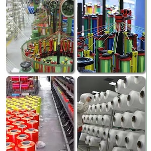 May include: A textile manufacturing facility featuring industrial machinery with multiple spools of vibrant red, yellow, and green thread, alongside racks of white yarn cones organized in a large warehouse production environment.