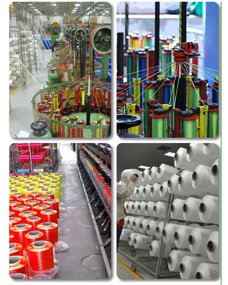 May include: A textile manufacturing facility featuring industrial machinery with multiple spools of vibrant red, yellow, and green thread, alongside racks of white yarn cones organized in a large warehouse production environment.