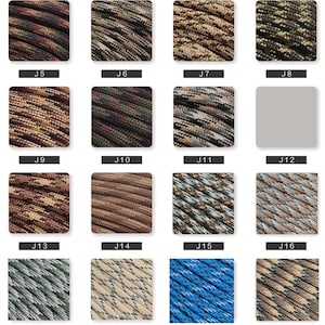 May include: A grid of twenty-two samples of woven paracord in various colors and patterns, labeled J1 through J24, excluding J12 and J24 which are blank. The cords feature camouflage, solid, and multi-colored designs in shades of brown, green, blue, and grey.