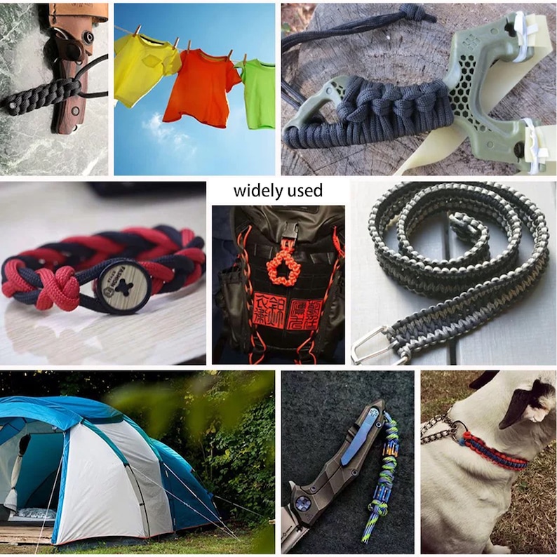 May include: A collage featuring paracord items: a knife lanyard, colorful shirts on a clothesline, a slingshot with a braided handle, a red and black bracelet with a button, a backpack with a tag, a woven belt, a tent, a knife, and a dog collar.