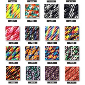 May include: A grid of thirty-eight square swatches displaying various braided paracord patterns in diverse color combinations, each labeled with a unique alphanumeric code from A145 to A182, featuring textures of woven nylon strands.