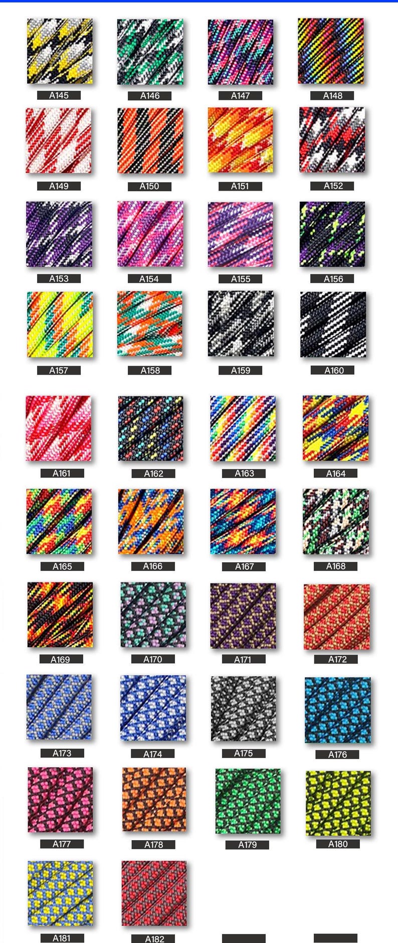 May include: A grid of thirty-eight square swatches displaying various braided paracord patterns in diverse color combinations, each labeled with a unique alphanumeric code from A145 to A182, featuring textures of woven nylon strands.