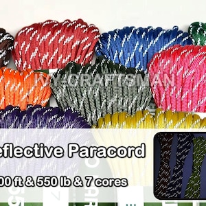 May include: A variety of colorful reflective paracord bundles. The image shows brown, red, orange, purple, yellow, blue, green, and pink cords with white reflective stripes. Text on the image reads "Reflective Paracord 100 ft & 550 lb & 7 cores."