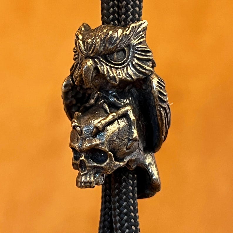 Puede incluir: Un colgante de bronce con forma de b&uacute;ho y calavera sobre un cord&oacute;n trenzado negro. El b&uacute;ho tiene plumas detalladas y ojos grandes. La calavera tiene dientes y cuencas de los ojos visibles. El cord&oacute;n es grueso y texturizado.