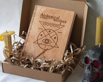 Halloween Alchemical Recipes Wooden Binder / A5 Blank Cookbook Changeable Pages / Eco Friendly Notebook Hardcover / Perfect Gift for Mother