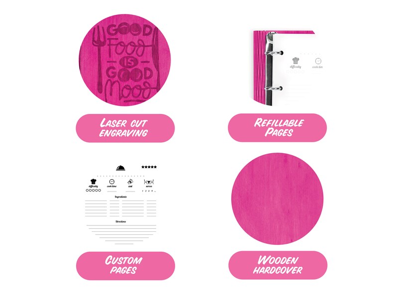 Pink Blank Recipe Book A5 / Colorful Wooden Cookbook for Etsy