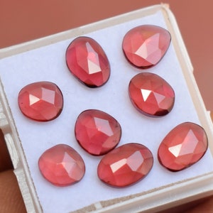 May include: A collection of eight red gemstone cabochons in a white box. The gemstones are oval shaped and have a faceted finish.