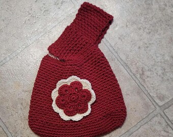 Crochet Japanese Knot Bag: Red Cotton Mosu Bag with Flower