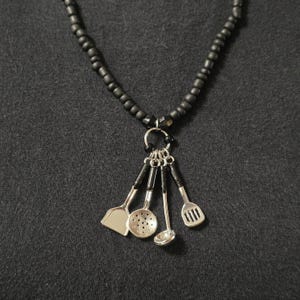 Chef Necklace: Black Bead Necklace with Kitchen Utensil Charms