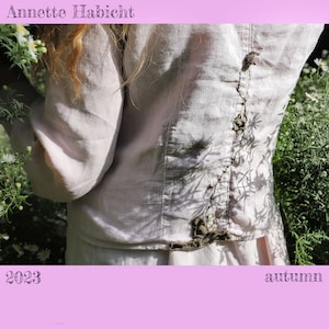VEST, linen, pale pink, antique fabric, elaborately embroidered with roses, stem and leaves. Hand-dyed historical fabrics. Size: M