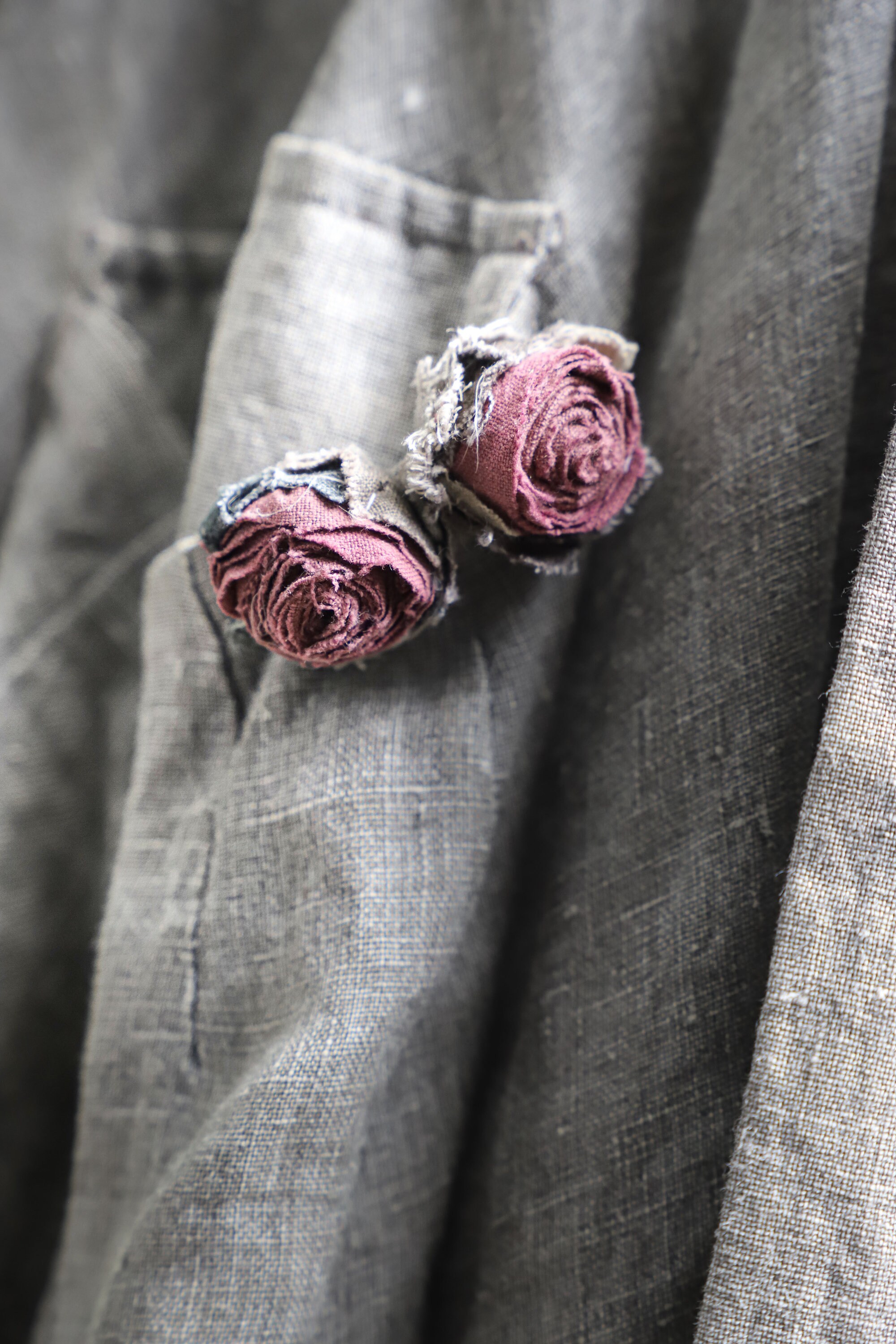 TWO Magic Roses, With Frayed Leaves, Hand-dyed Antique Linen, Burgundy ...