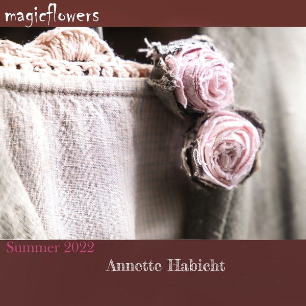 TWO magic roses, with frayed leaves, hand-dyed antique linen, soft pink, fastening with clips