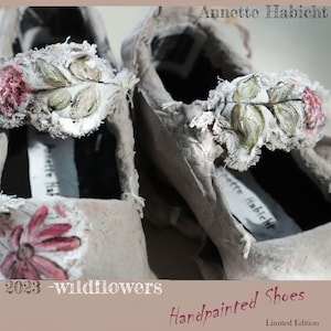 SHOES, WILDFLOWERS - historical linen and hand-painted applications. impregnated. UNIQUE!