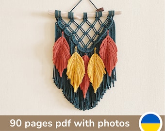 PDF Pattern Macrame Wall Hanging with Colourful Leaves, Beginner Macrame Wall Hanging pattern, Step by Step Tutorial with photos