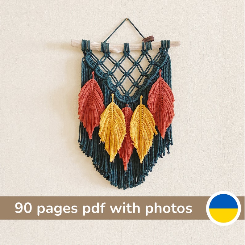 PDF Pattern Macrame Wall Hanging with Colourful Leaves, Beginner Macrame Wall Hanging pattern, Step by Step Tutorial with photos image 1
