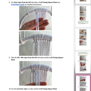 May include: A close-up of a white macrame wall hanging being made. The image shows the process of tying knots with white rope around a wooden hoop. The text in the image reads: "Use four ropes from the left and make a Left Facing Square Knot (see Useful Knot Guide for detailed instructions)"