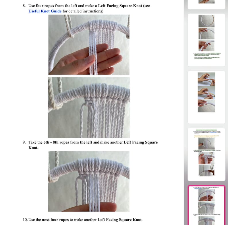 May include: A close-up of a white macrame wall hanging being made. The image shows the process of tying knots with white rope around a wooden hoop. The text in the image reads: "Use four ropes from the left and make a Left Facing Square Knot (see Useful Knot Guide for detailed instructions)"
